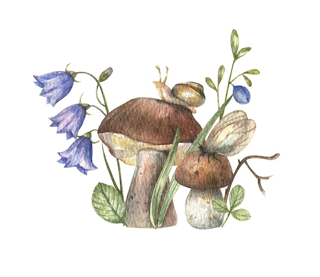 llustration of mushrooms, grass, flowers, berries, bluebell, snail.