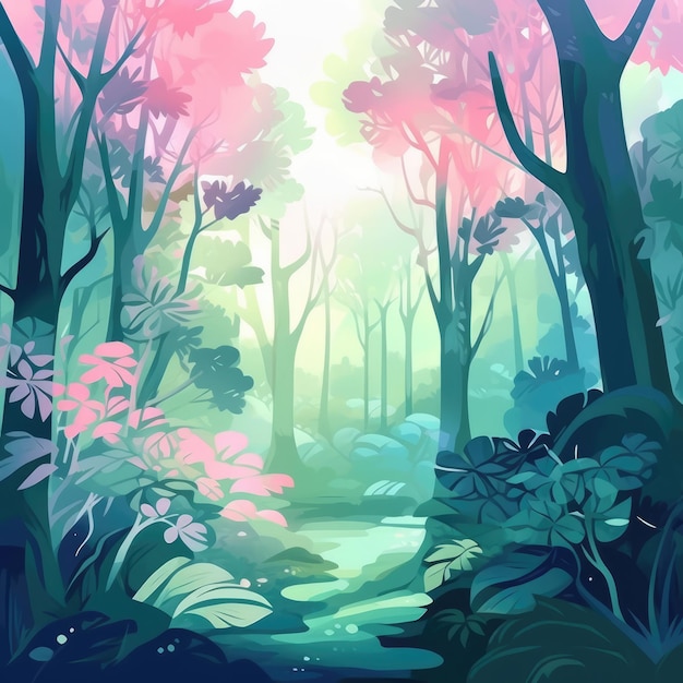 llustration pastel colors landscape of green forest Generative ai