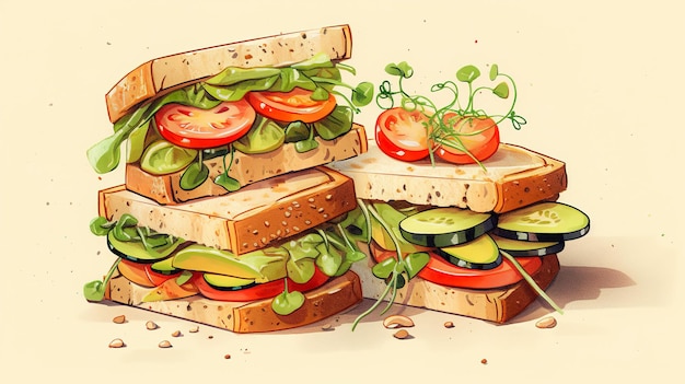 Llustration veganistische sandwiches met groenten en microgreens op een lichte achtergrond close-up