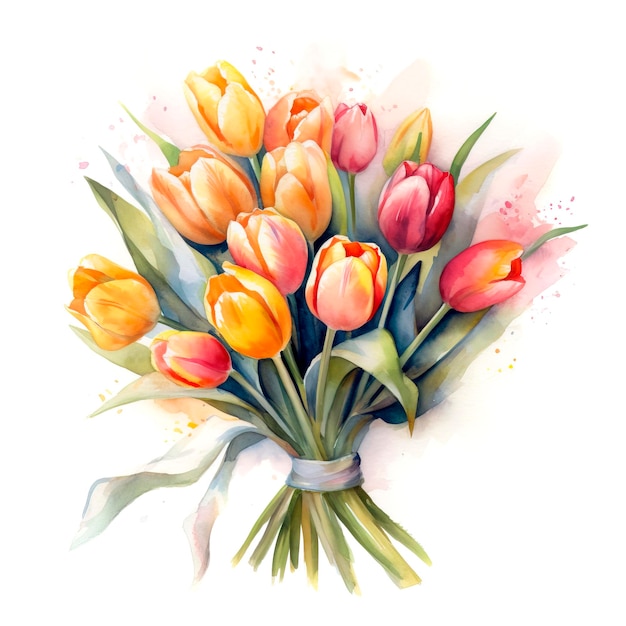 llustration of watercolor hand drawn set of colorful tulips bouquet Generative AI