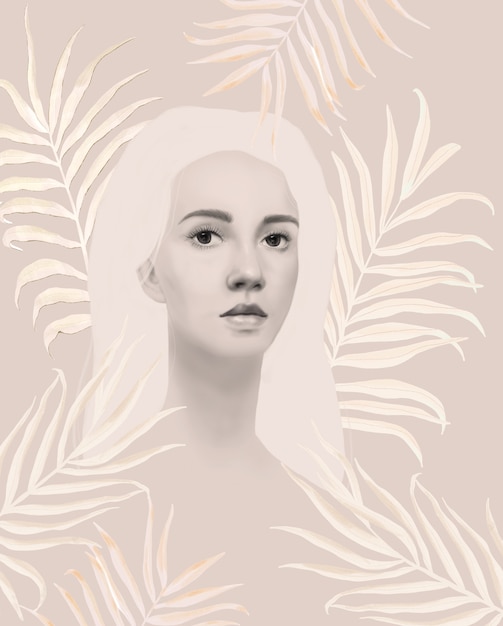写真 美しい少女の花と熱帯の葉の抽象的な女性の顔のイラスト