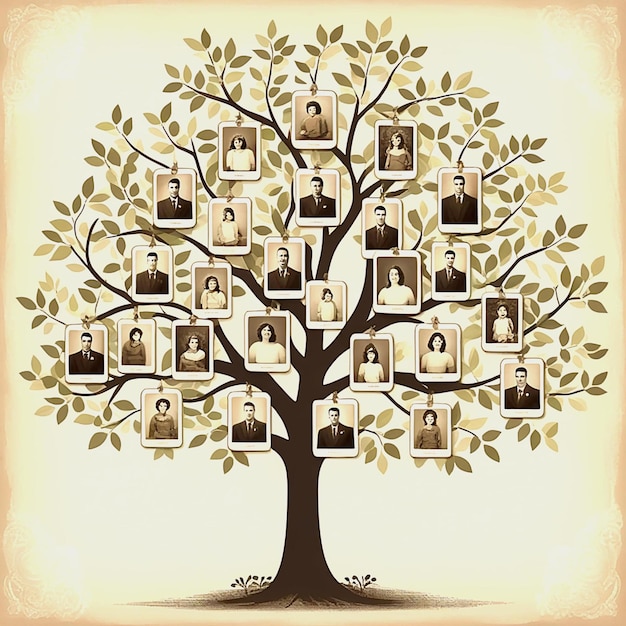 Photo llustrative image of generation people attached to tree branches representing growth and teamwork