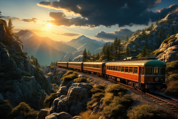 Load train serpenting by pine covered mountains at sunset generative IA