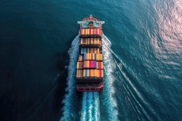 A loaded container cargo ship is seen ahead above the ocean