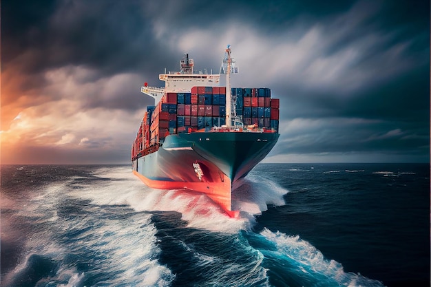 Photo a loaded container cargo ship is seen in the front as it speeds over the ocean generative ai