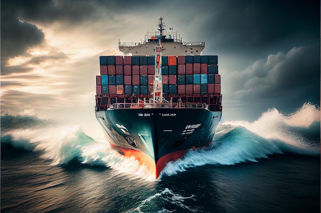 A loaded container cargo ship is seen in the front as it speeds over the ocean Generative AI