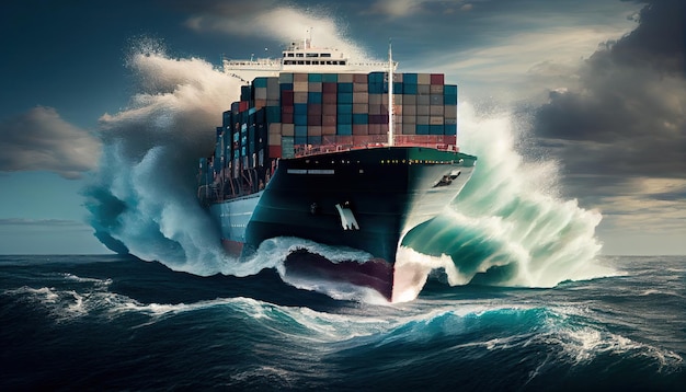 A loaded container cargo ship is seen in the front as it speeds over the ocean World Mariners Day 25 June