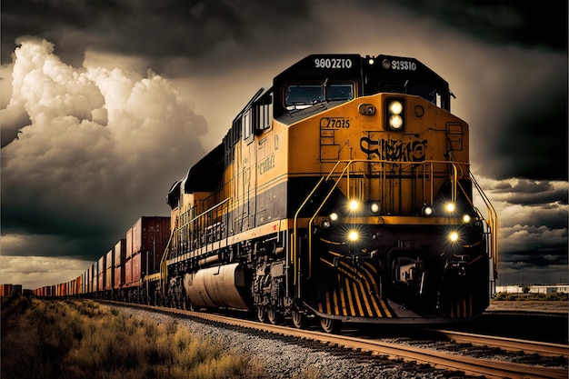 Loaded freight cargo train travels fast by rail