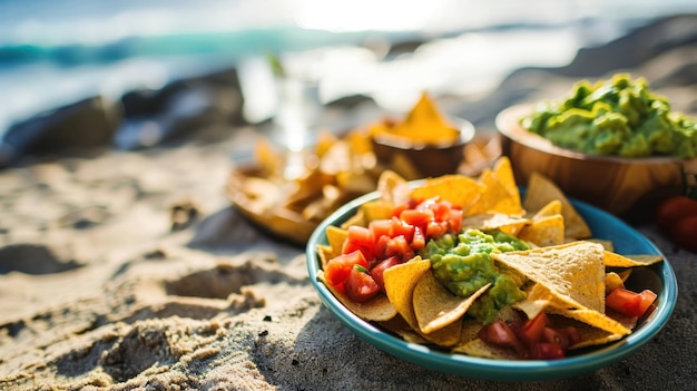 Loaded Guacamole Nachos against a beach picnic scene