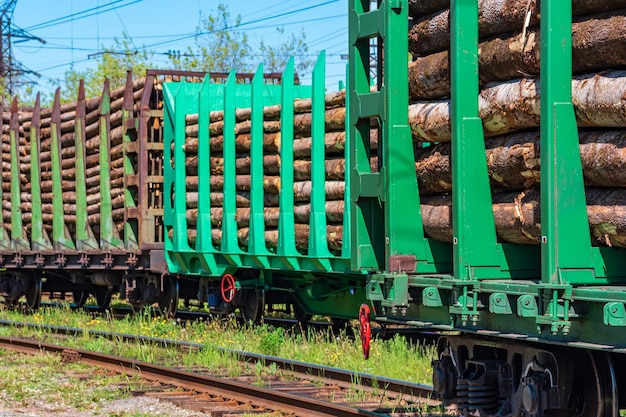 Loaded railway wagons for carrying of logs closeup