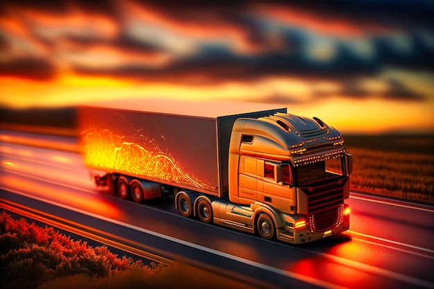 Loaded truck on European motorway bathed in golden sunset