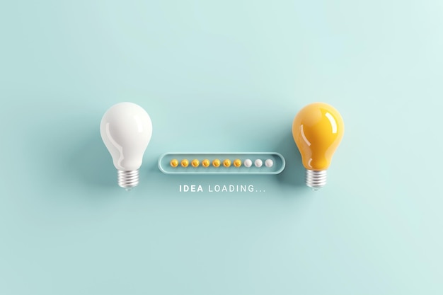 Loading bar almost complete with idea being processed on a light bulb on blue background