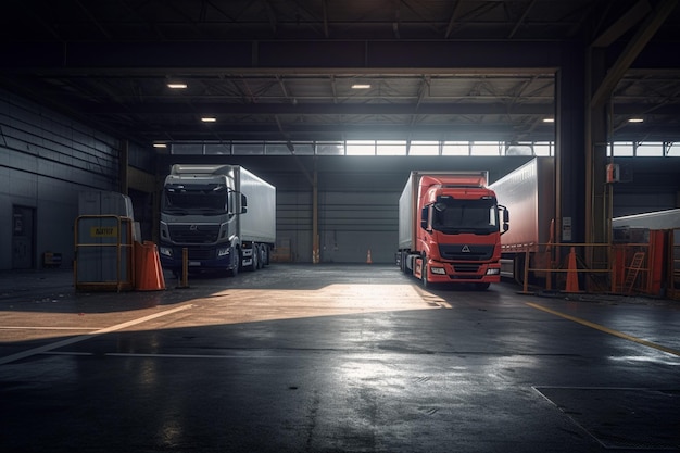 Loading bay with two trucks parked outside in the style of modern with Generative AI