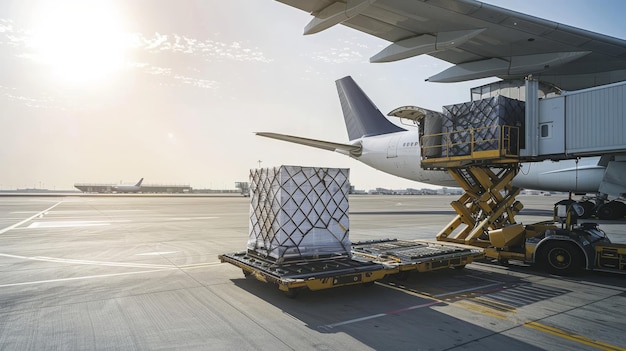 Loading of cargo containers to plane at airport Ground handling preparing airplane before flight du