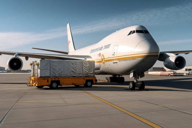 Photo loading a cargo plane at the airport a cargo trolley delivering cargo to the jet on the airfield international freight transport airmail and logistics concept 3d illustration