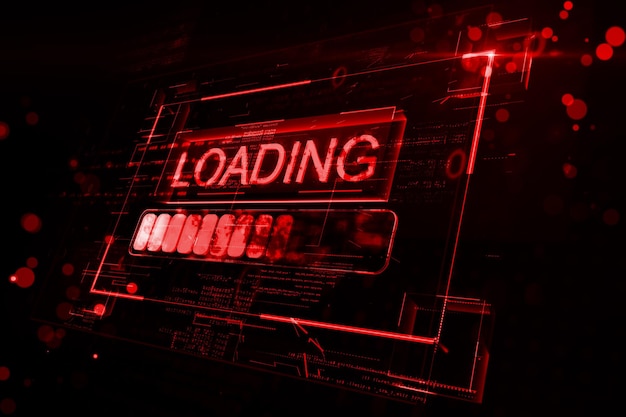 Loading data on low speed concept with digital red glowing loading sign in virtual glowing frame on abstract dark background 3D rendering