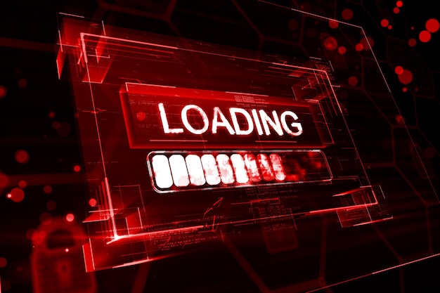 Loading data on low speed concept with digital white glowing loading sign in virtual glowing frame on abstract dark background 3D rendering