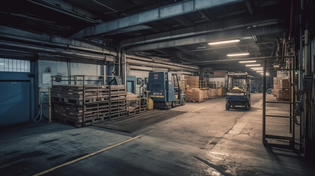 A loading dock with forklifts and pallets AI generated