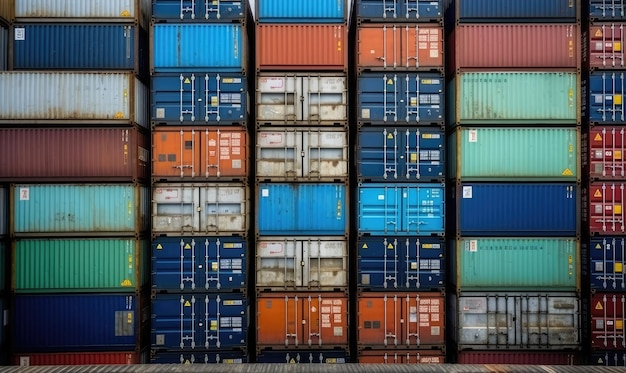 Photo loading dock with rows of container trucks and shipping containers creating using generative ai tools