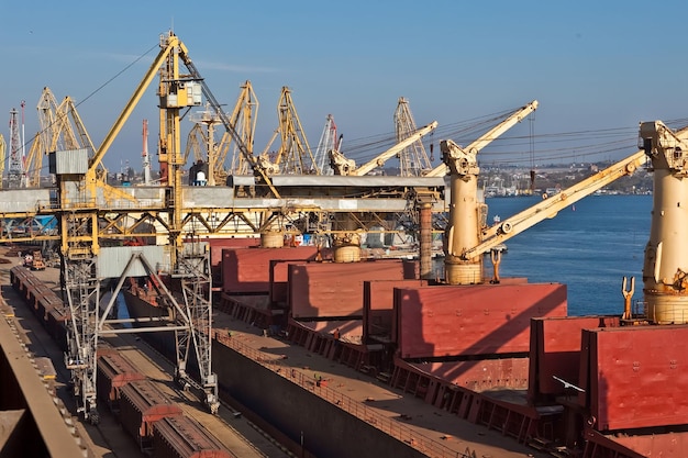 Loading grain into holds of sea cargo vessel in seaport from grain storage