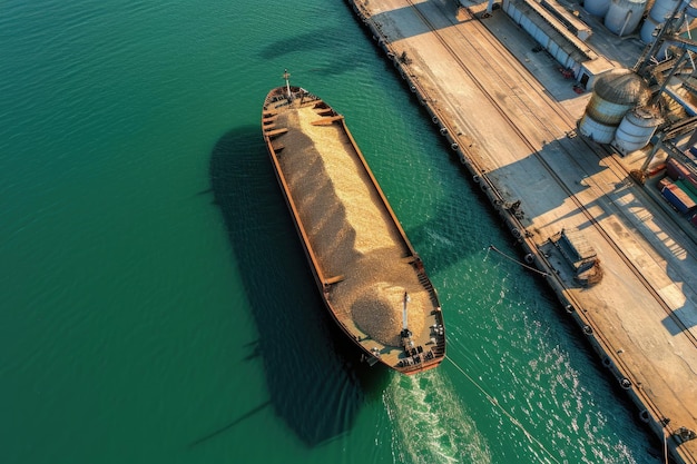 Photo loading grain into sea cargo vessel from silos aerial view