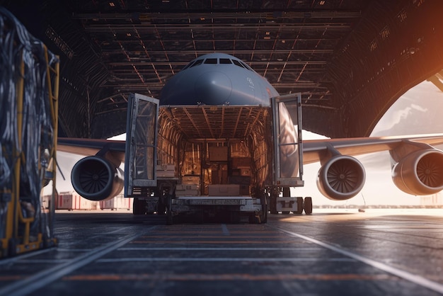 Photo loading transport aircraft in the hangar of cargo terminal inside view of the cargo hold of the aircraft during loading of large bales global freight transportation concept 3d illustration