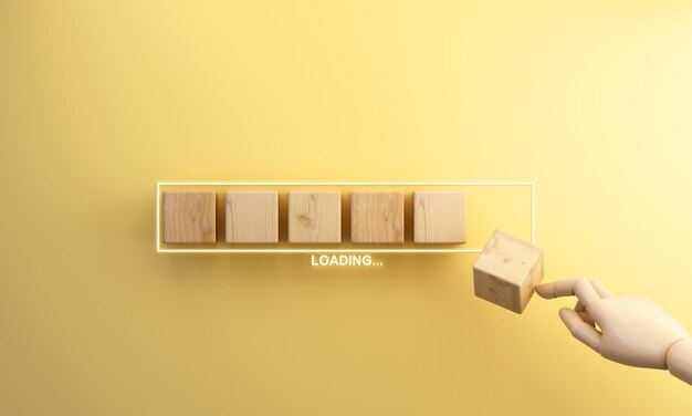 Loading wooden cartoon hand putting wood cube in progress bar\
3d rendering