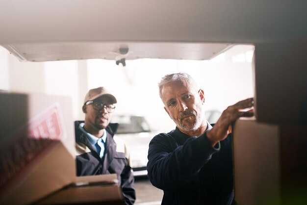 Loading your goods with the utmost care Shot of delivery men loading boxes into a vehicle