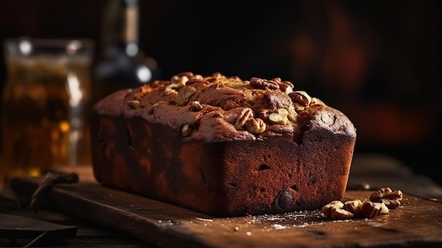 A loaf of banana bread on a wooden board