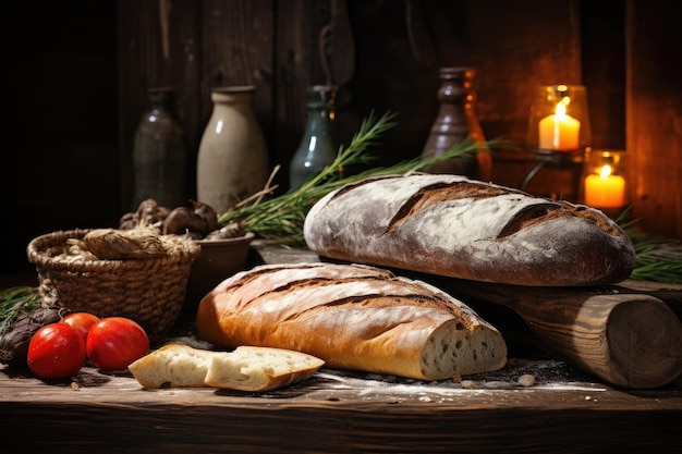 a loaf of bread and a basket of tomatoes