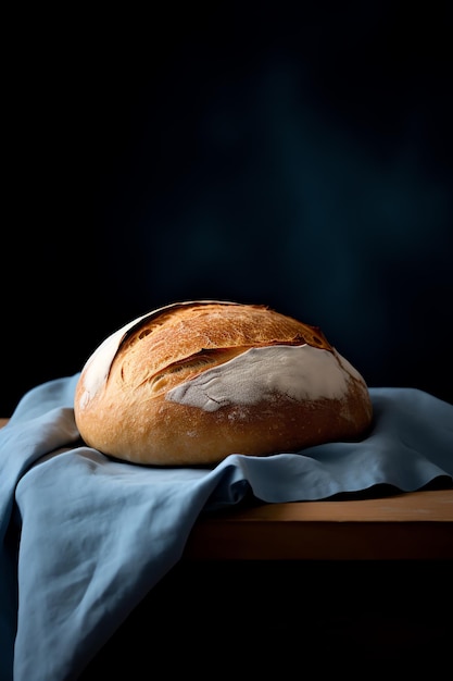 a loaf of bread on a blue towel