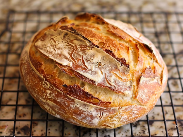 A loaf of bread on a cooling rack