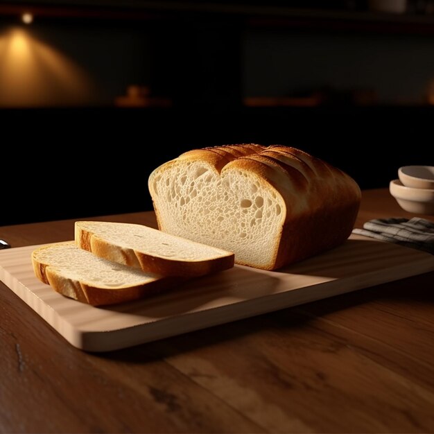 a loaf of bread on a cutting board with a bowl of butter and a bowl of bread on it.