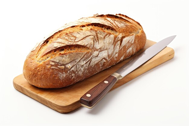 透明なPNGまたは白い背景にナイフが付いたカッティングボードのパン