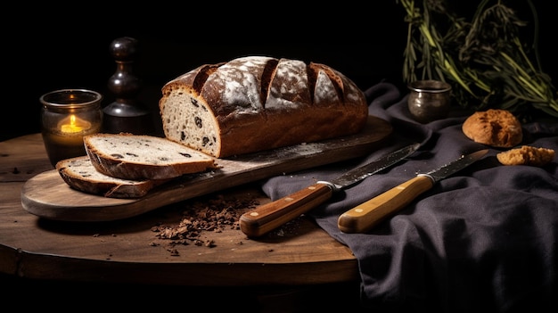 a loaf of bread and a glass of milk on a wooden board