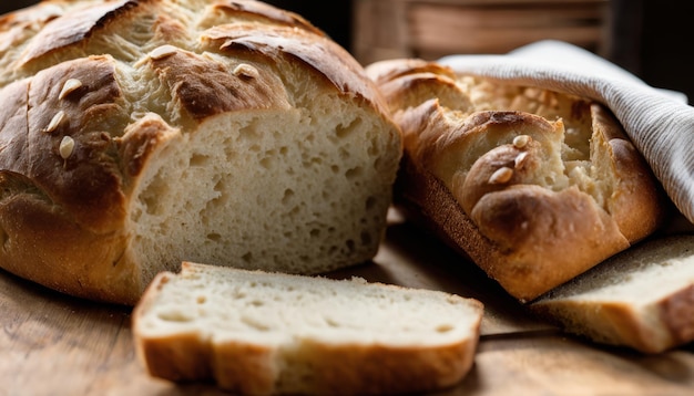 A loaf of bread is cut into slices and placed on a wooden table