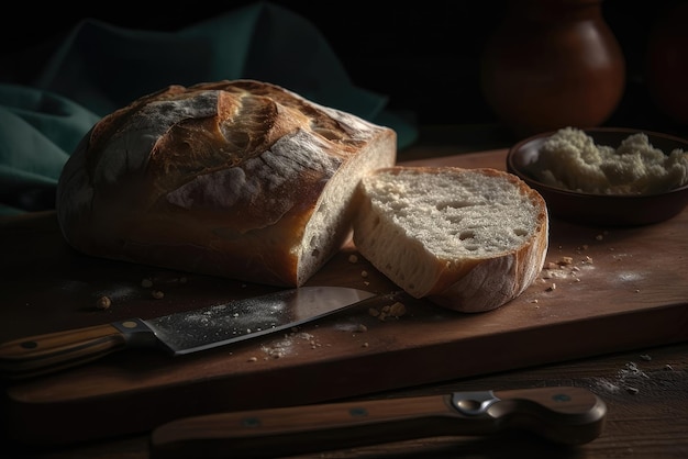 A loaf of bread is on a cutting board next to a knife.