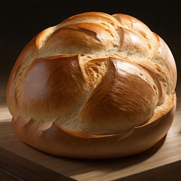 A loaf of bread is on a cutting board with a dark background