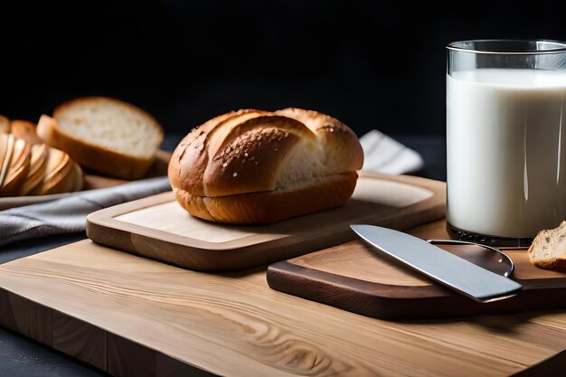 A loaf of bread is on a cutting board with a knife and a glass of milk.