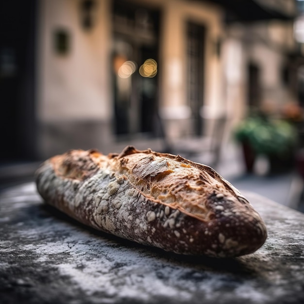 A loaf of bread is on a table in front of a building.