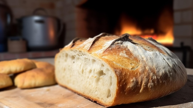 Photo a loaf of bread is on a wooden board in front of a fireplace