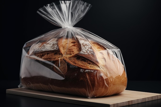 A loaf of bread is on a wooden board with a black background.