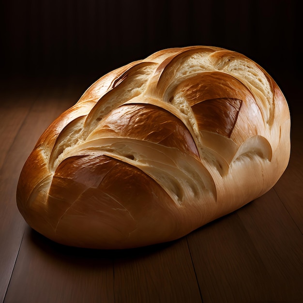 A loaf of bread is on a wooden table