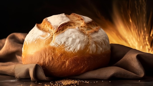 A loaf of bread on a napkin with the word bread on it