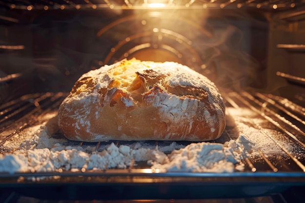 Foto un pezzo di pane che si alza nel forno con lievito di farina e sale