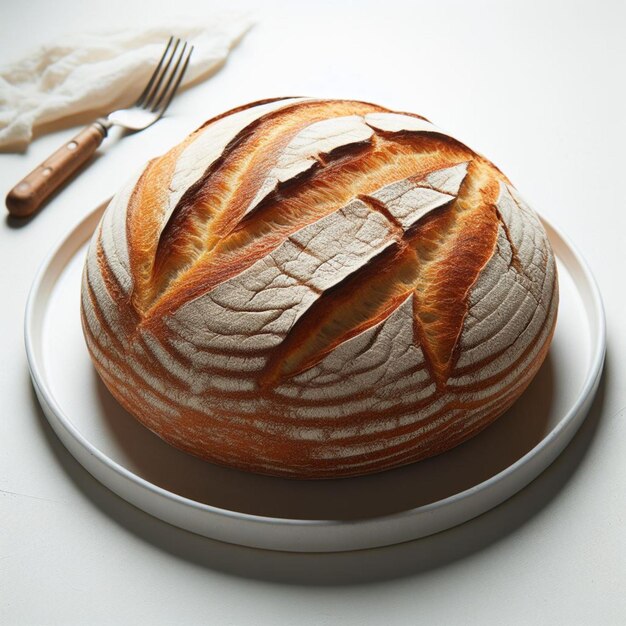 Photo a loaf of bread sits on a plate with a knife and fork on white background