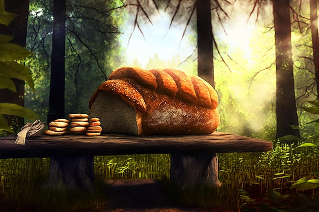 Photo a loaf of bread sits on a table in a forest.