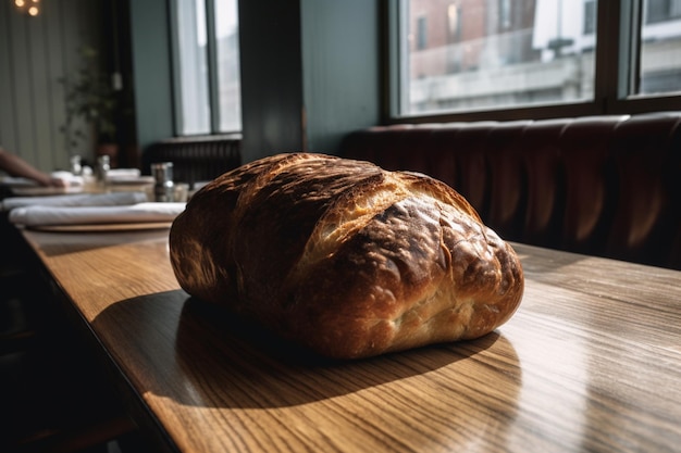 A loaf of bread sits on a table in a restaurant.