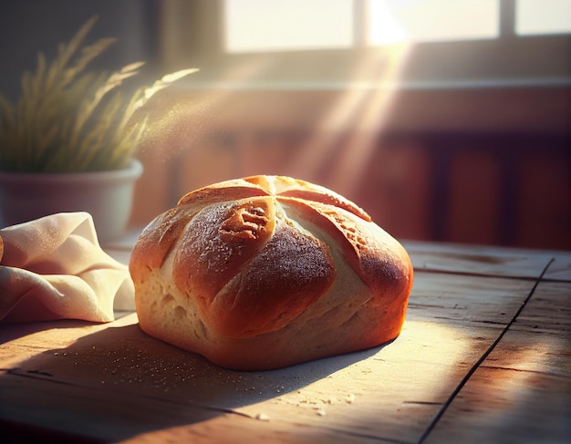 A loaf of bread sits on a table with a plant in the background.