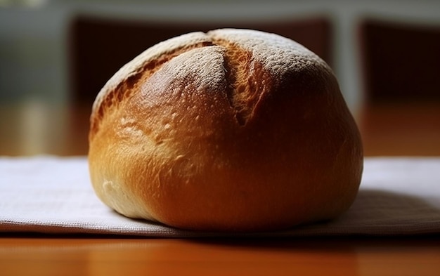 A loaf of bread sitting on top of a wooden table AI